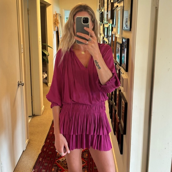 Anthropologie Current Air Los Angeles Magenta Fuchsia Pink Ruffle Pleated Dress - Picture 3 of 13